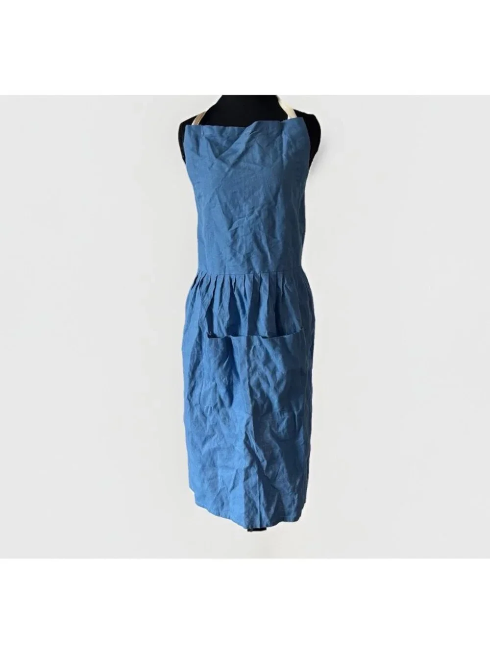 100% Linen Apron Made In India Blue Pockets ONE SIZE FITS MOST Farm Cottage NWT‎